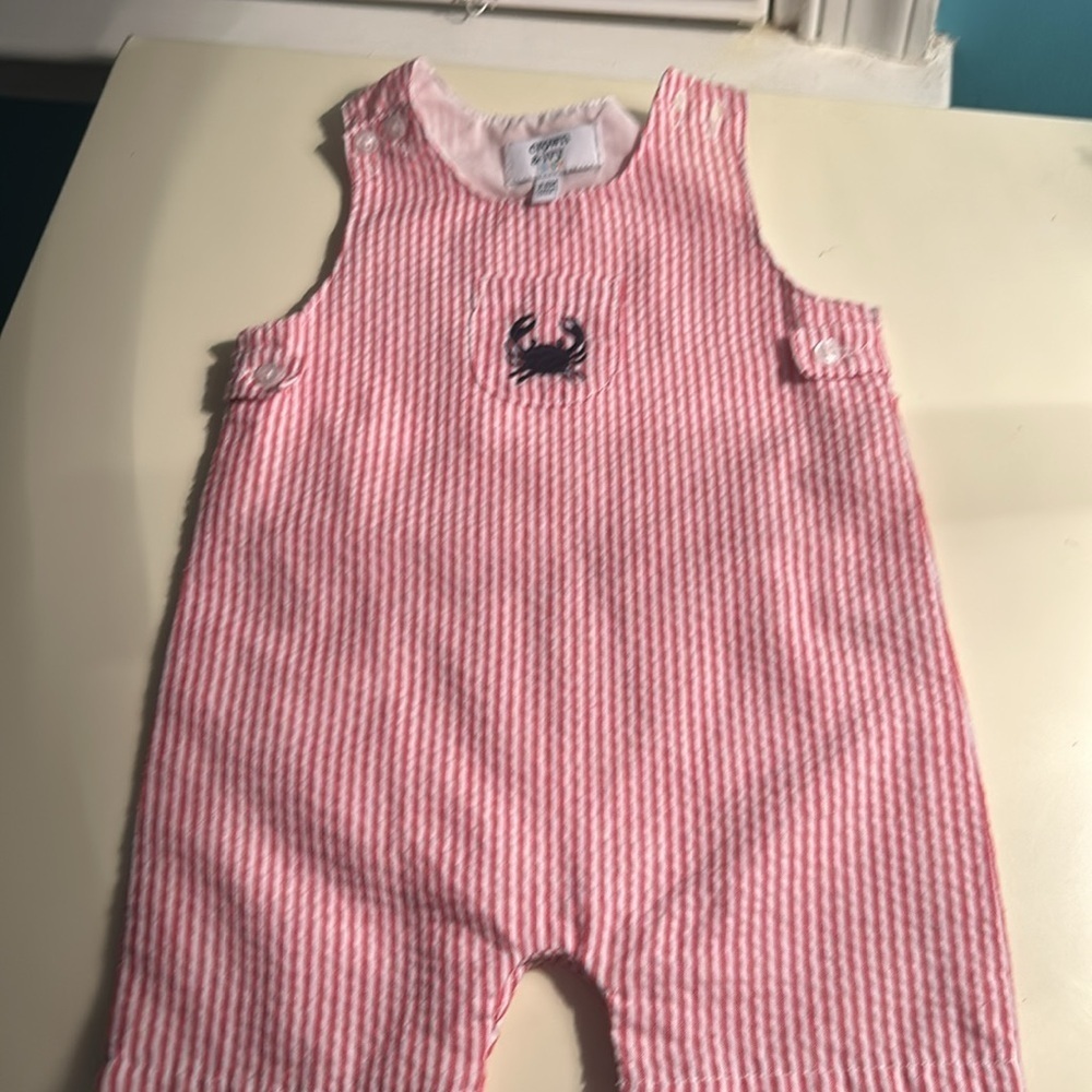 Crown & Ivy Pink Striped Baby Romper with Crab Design